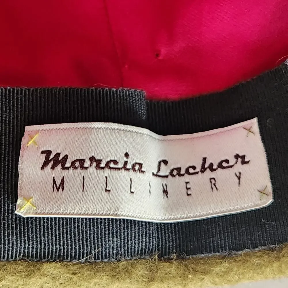 Vintage Marcia Lacher Millinery Felt Hat Floral Detal Hot Pink Lining Green GUC